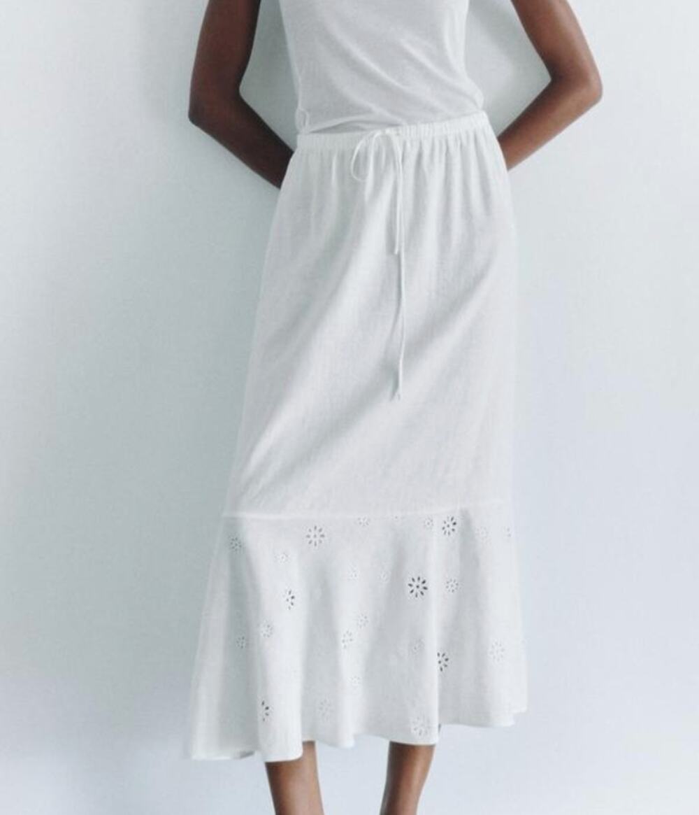 Zara White Floral Pointelle Embroidered Linen Blend Midi Skirt Size Large